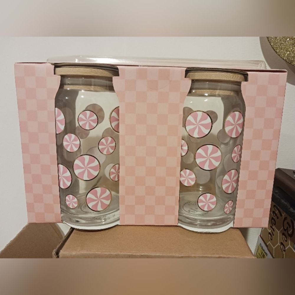 Pink Peppermint Pattern Glass Canister Set with Wood Lids